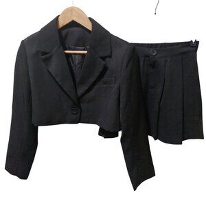 NWT Commense 2pc Black Cropped Blazer & Pleated Mini Skirt W/ White ~ Small